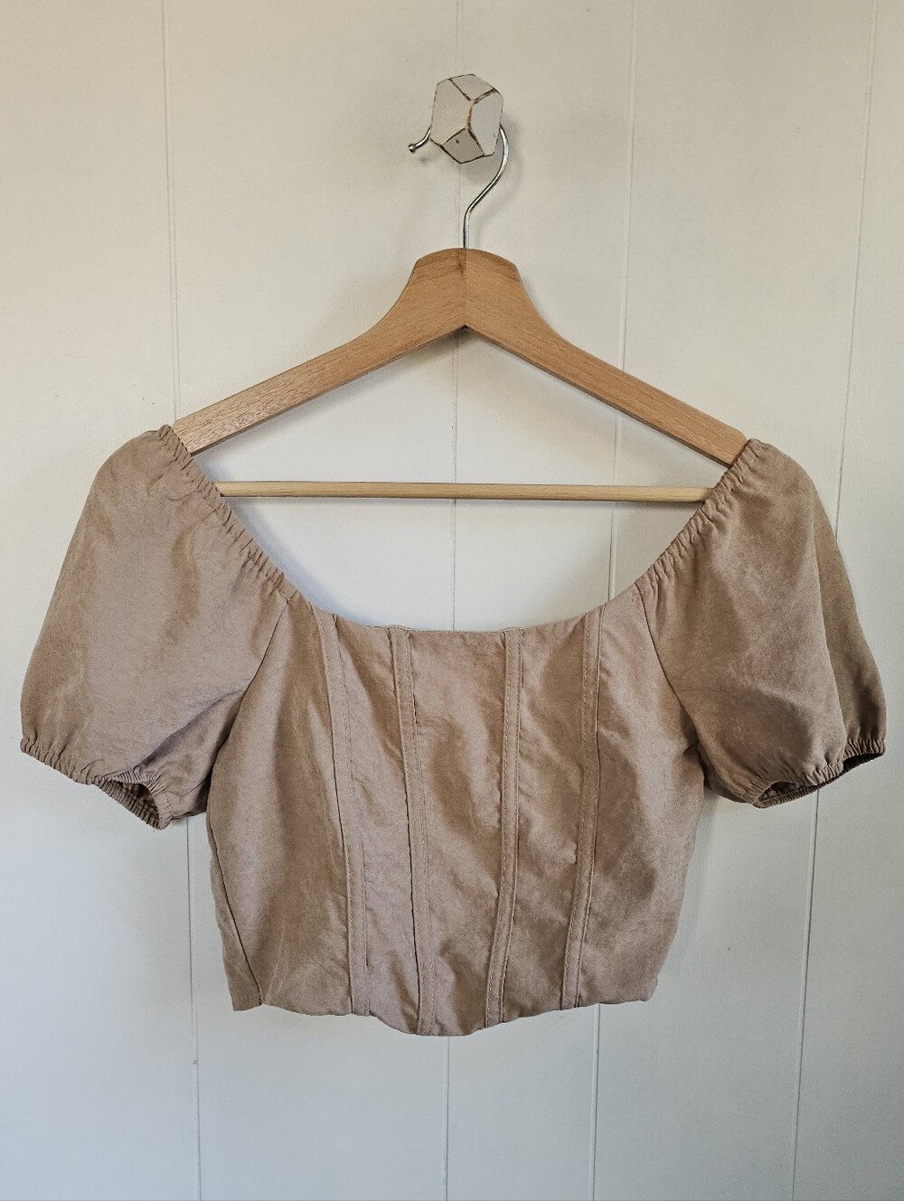 Beige Off-Shoulder Puff Sleeve Crop Top